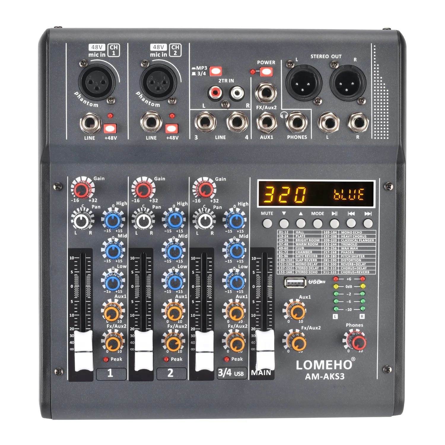 320 DSP Effects 2 AUX Output Sound Audio Mixer 4 Channels Mixing Console Table Individual 48V Phantom Bluetooth LOMEHO AM-AKS3