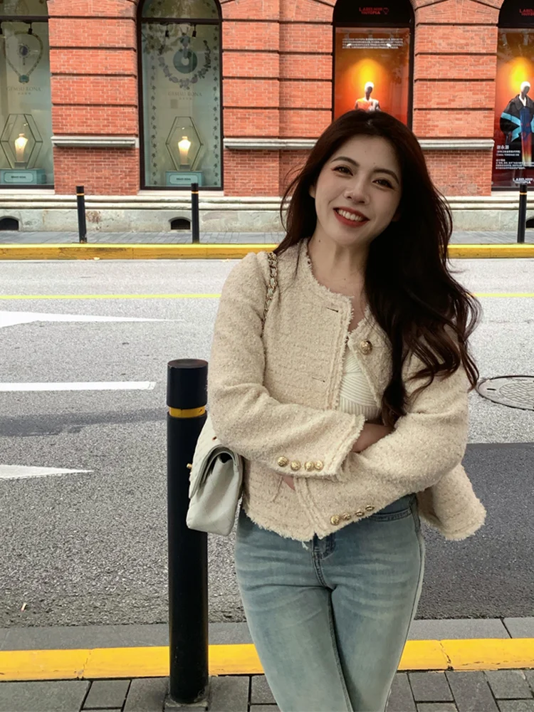 

Роскошное шерстяное пальто с широкими рукавами и прямым кроем, осенняя женская верхняя одежда из полиэстера, модель 50, в стиле Small Fragrance.