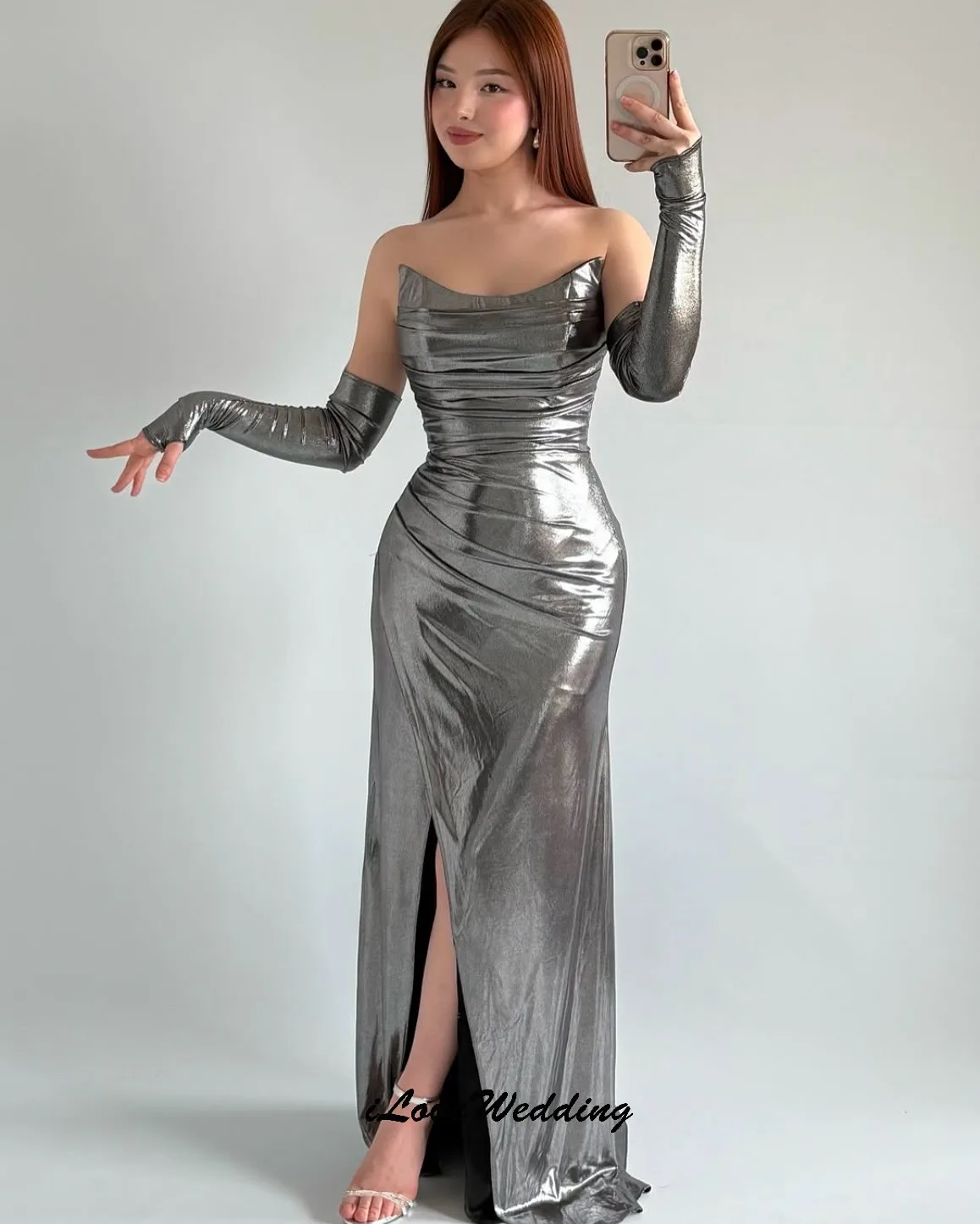 

Silver Strapless Mermaid Prom Dresses 2025 Elegant Wedding Party Dress For Woman Half Sleeve Boat Neck Ruched Gala Customized