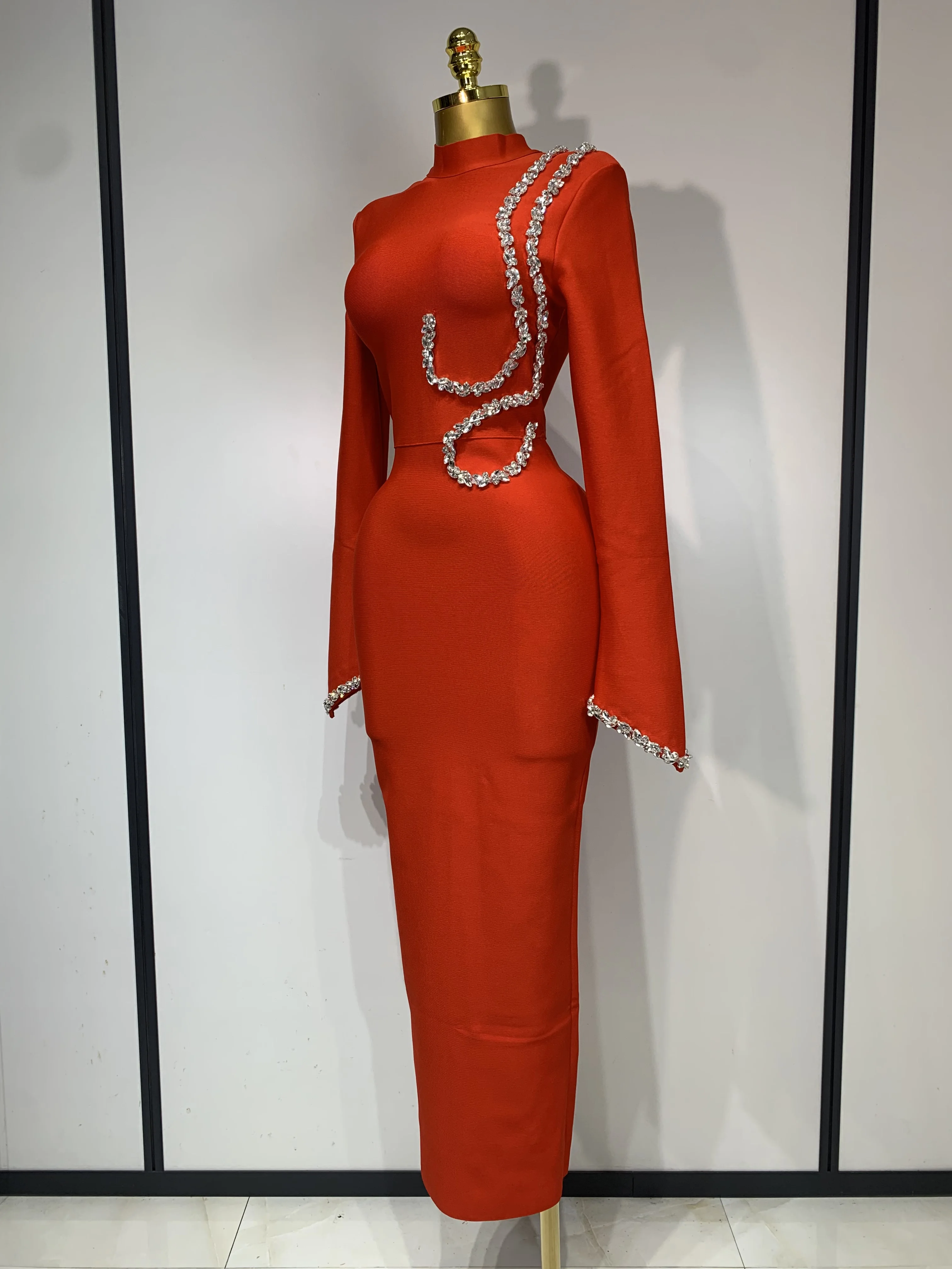 المرأة مثير كم طويل الماس ماكسي طويل Bodycon ضمادة فستان 2025 المشاهير أنيقة مساء حفلة فساتين عيد ميلاد فاخرة #2