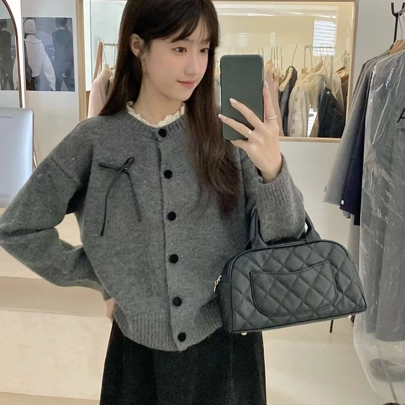 

Korean pink Lace splicing bow Tops short Coats Harajuku long Sleeve Women Cardigan Sweater Casual loose Chic O-neck Y2k Sweaters