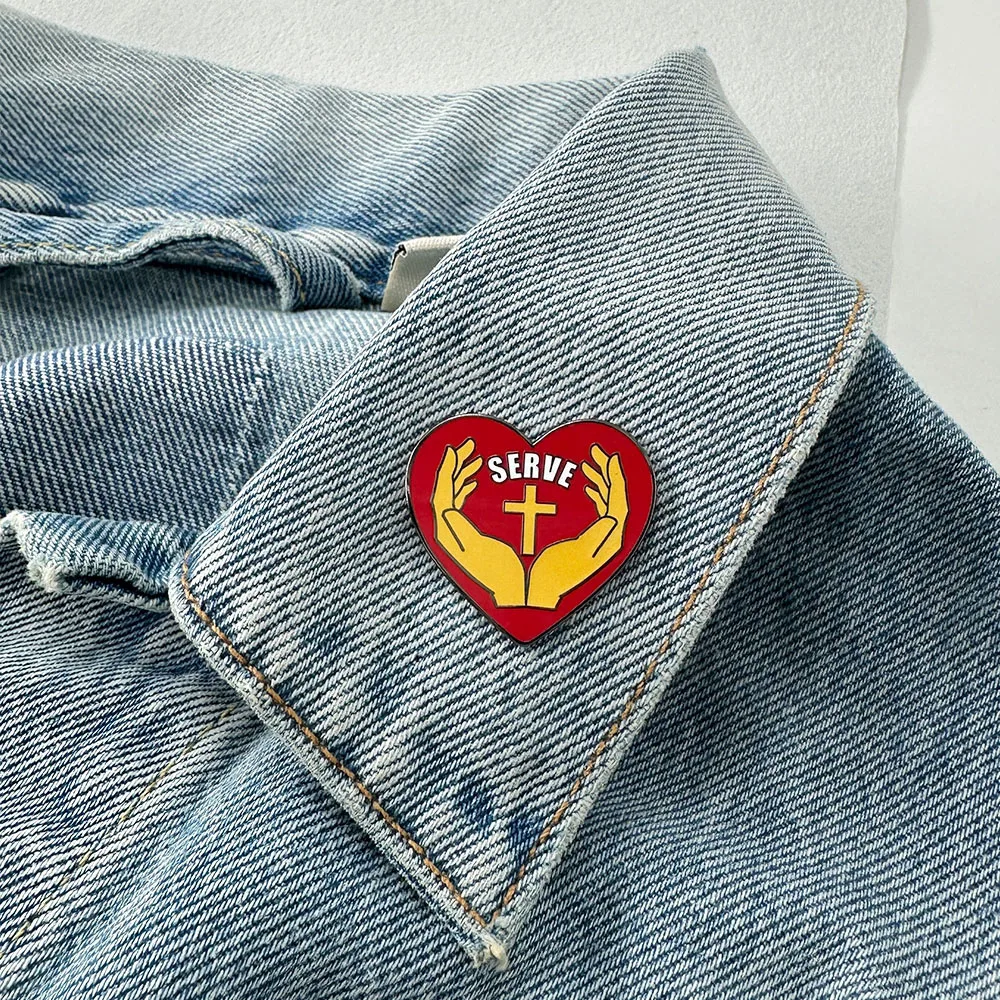 Christian Religious Theme Service Red Heart Cross Enamel Brooch Inspirational Faith Badge with Open Arms Design Pin Accessories