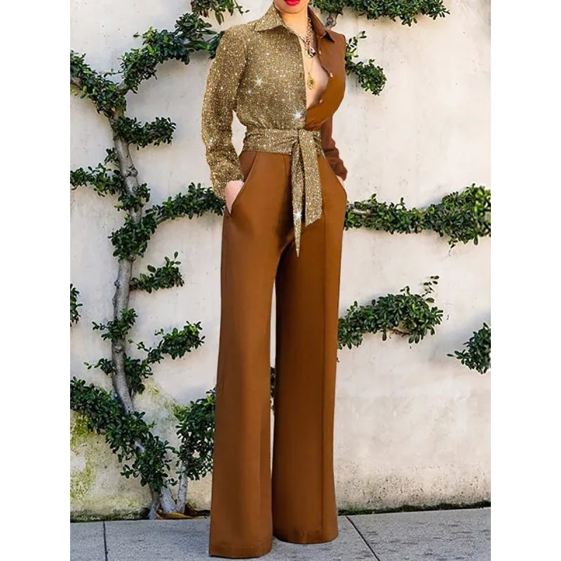 Elegant Women Loose Jumpsuit Romper Y2K Patchwork Long Sleeve Single Breasted High Waist Corset Wide Leg Pants Suit Outfits