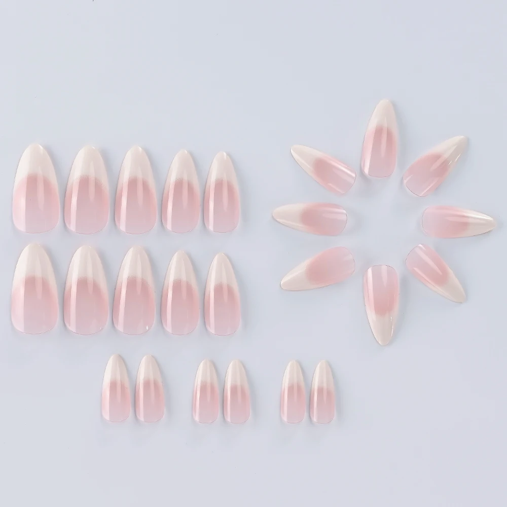 24 Buah/Boks Kuku Palsu Almond Perancis Putih Merah Muda Gradien Bening Wanita Tekan Pada Kuku Akrilik Dapat Dipakai Penutup Penuh Kuku Palsu Perancis