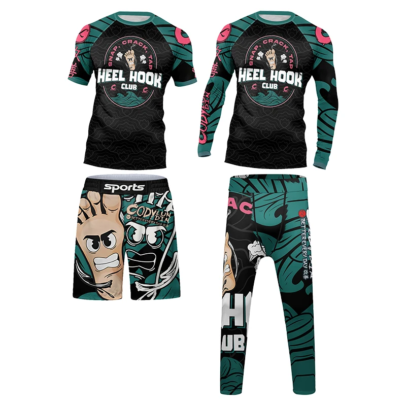 

Children Green Compression Boxing Jerseys Rash Guard Clothing Suits Boy MMA Shorts Grappling Leggings +Bjj Rashguard 4 Pcs/Sets