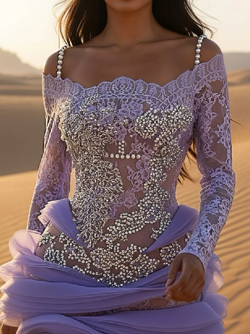 أرجواني خارج الكتف الدانتيل الترتر فستان كوكتيل اللؤلؤ سلسلة الأشرطة الفاخرة خمر ثوب حفلة أنيقة للتخصيص مثير براقة #3