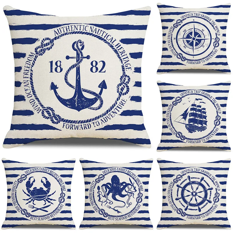 

Navy Striped Pillowcase Retro Style Couch Cushion Cover Nautical Element Compass Mast Boat Anchor Print Pillow Cover funda cojin