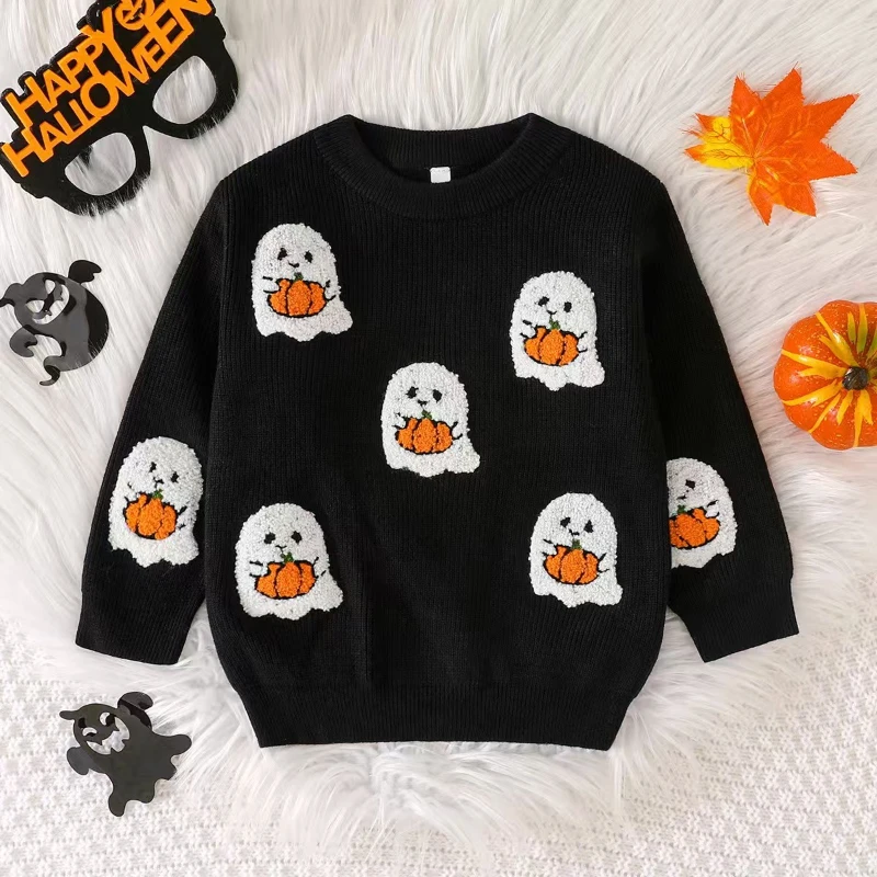 

2025 Winter New Halloween Atmosphere 3D Embroidery Ghost Pumpkin Knitted Sweater