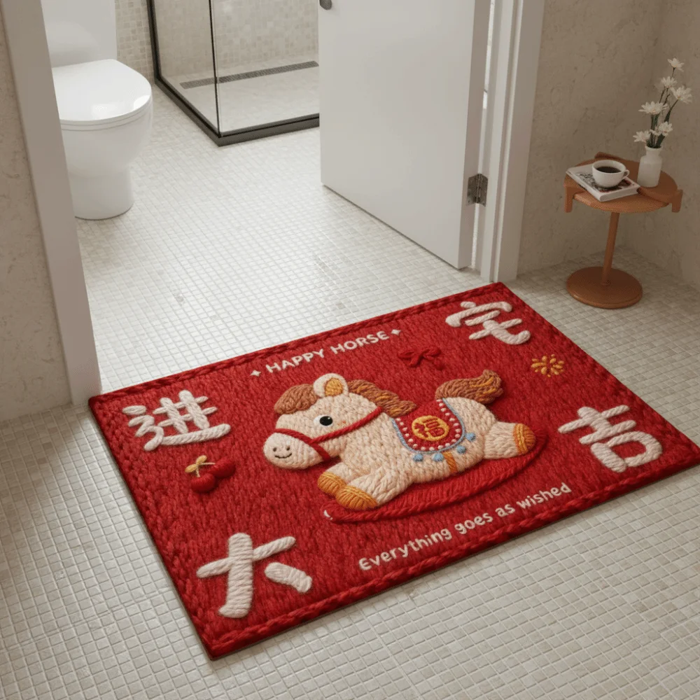 

Weaving Texture Horse Floor Mat Cartoon Quick Dry 2026 New Year Anti Slip Mat Soft Convenient Pony Door Mat Door Entrance