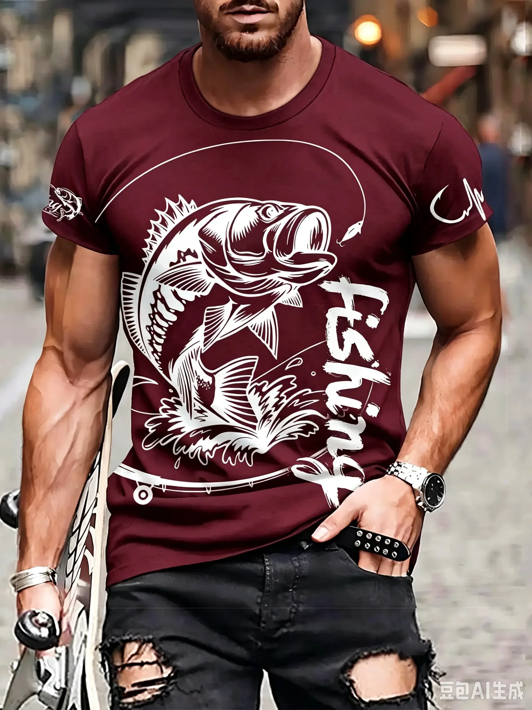 Vintage Fishing Graphic T‑Shirt Bass Fish Hook Print Short Sleeve Crew Neck Outdoor Fisherman Casual Street Tee Tops