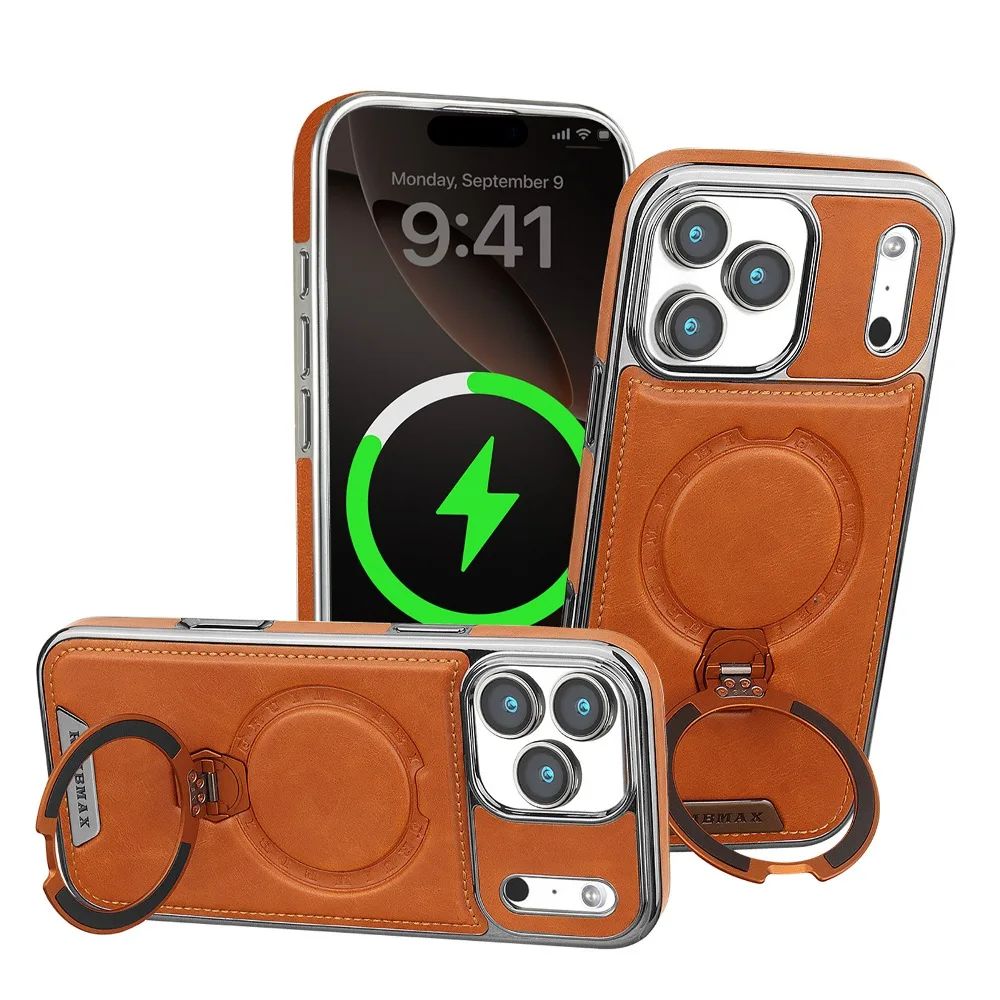 Magnetic Wireless Charging Leather Phone Case for iPhone 18 17 Air 16 15 14 Plus 13 12 Pro Max with 360° Rotatable Ring Holder