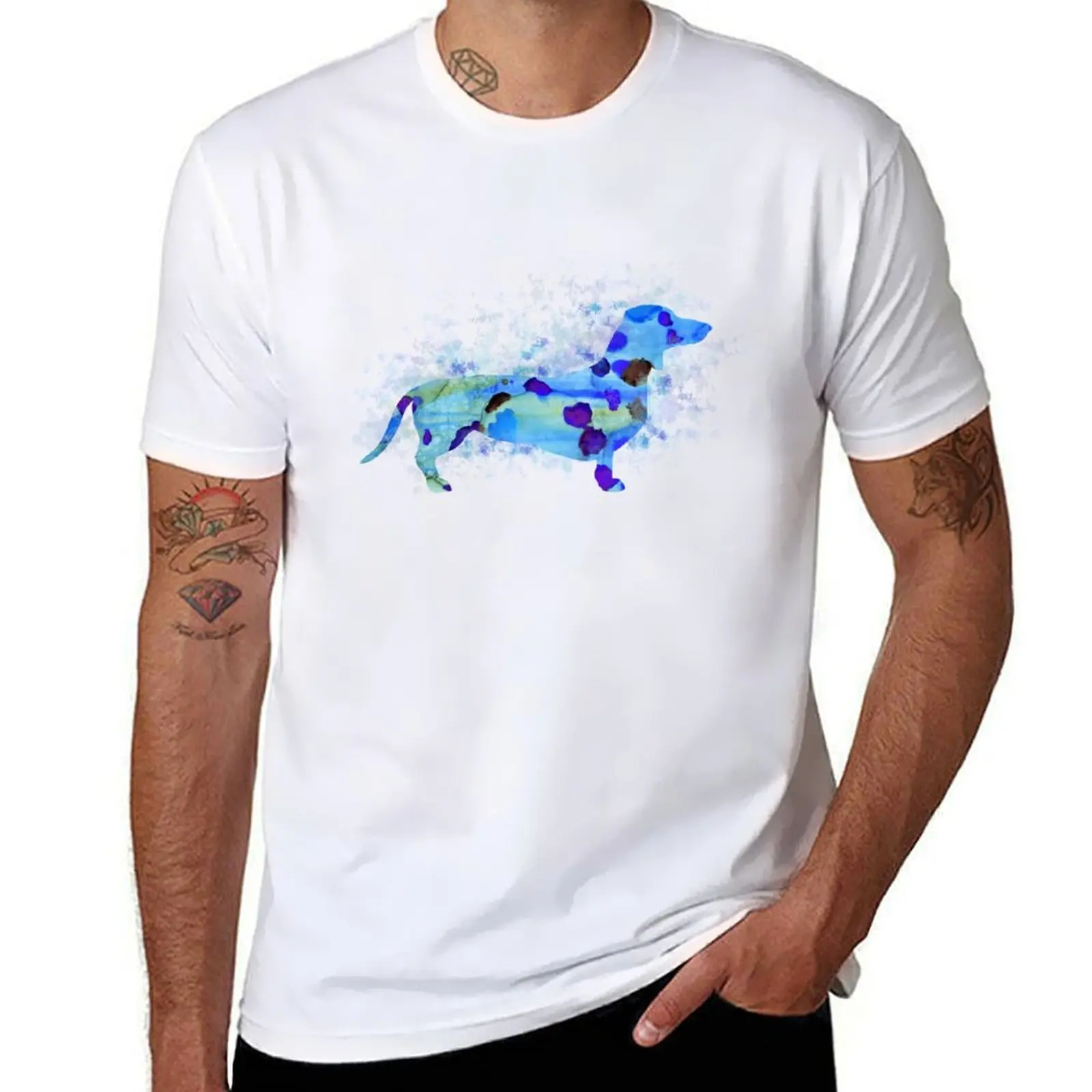 

Dachshund Dog 160 blue watercolor splash T-Shirt anime tshirt man t shirts for men T-Shirt