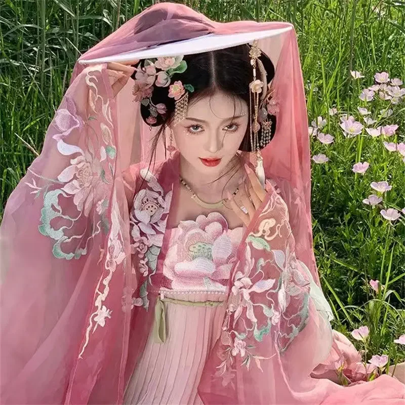 

Lotus Hanfu Female Adult Summer Skirt Chinese Hanfu Dress Ancient Skirt palace embroidered print pink Hanfu Full Set TT725