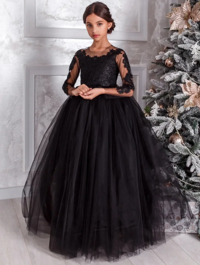 

Flower Girl Dresses With Long Sleeve For Wedding Tulle Appliques Black Lace Pageant Party Dress First Communion Gowns