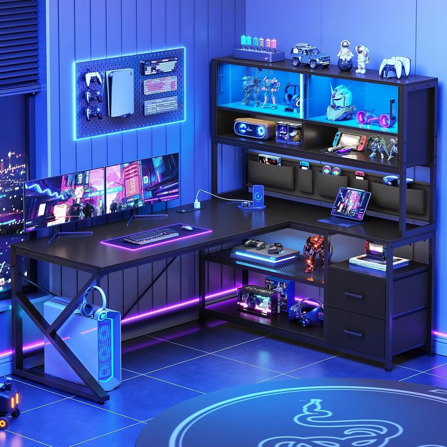 L Shaped Desk with LED Lights, Glass Cabinet and Bookshelf, Corner Computer Desk