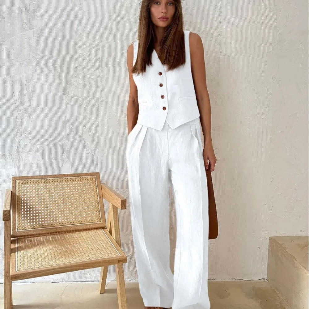 Damskie komplety spodniowe na wiosnę i jesień, jednolite kolory, luźny krój, codzienne, modne komplety spodniowe, topy na szelkach, zapinane na jeden guzik, bluzki i spodnie, dwuczęściowy zestaw.