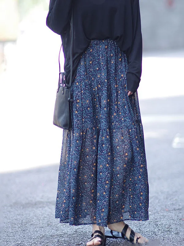 New 2025 Spring Summer Floral A-Line Midi Skirt Slimming Long Over-Knee Gown Artistic Retro Personality Women's Fashion