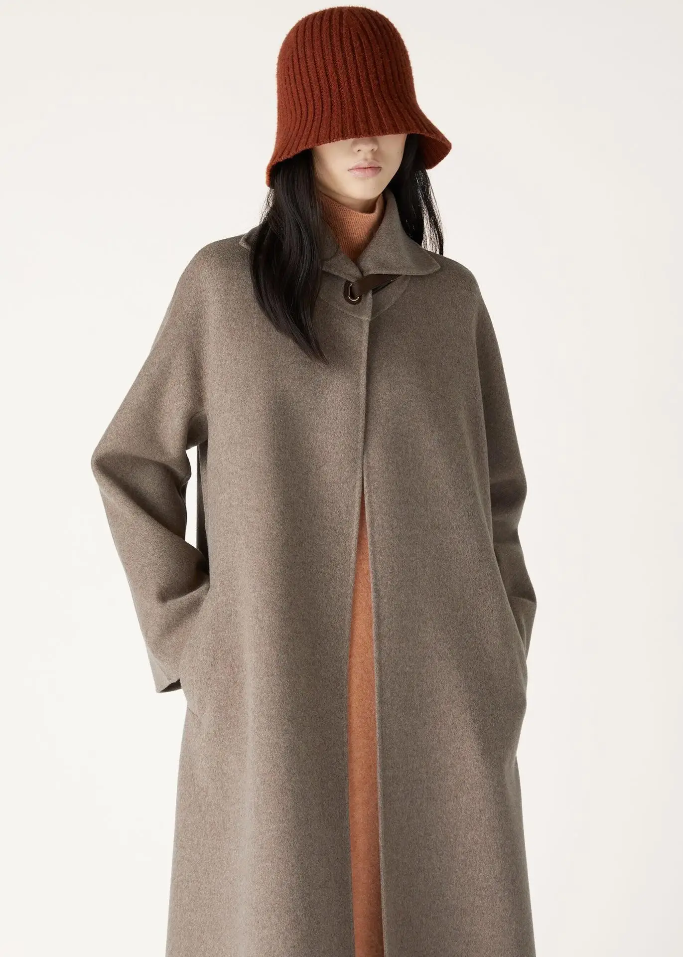 

Autumn/Winter Fashion Double-Faced Cashmere And Wool Blend Coat With Tie-Front For Women