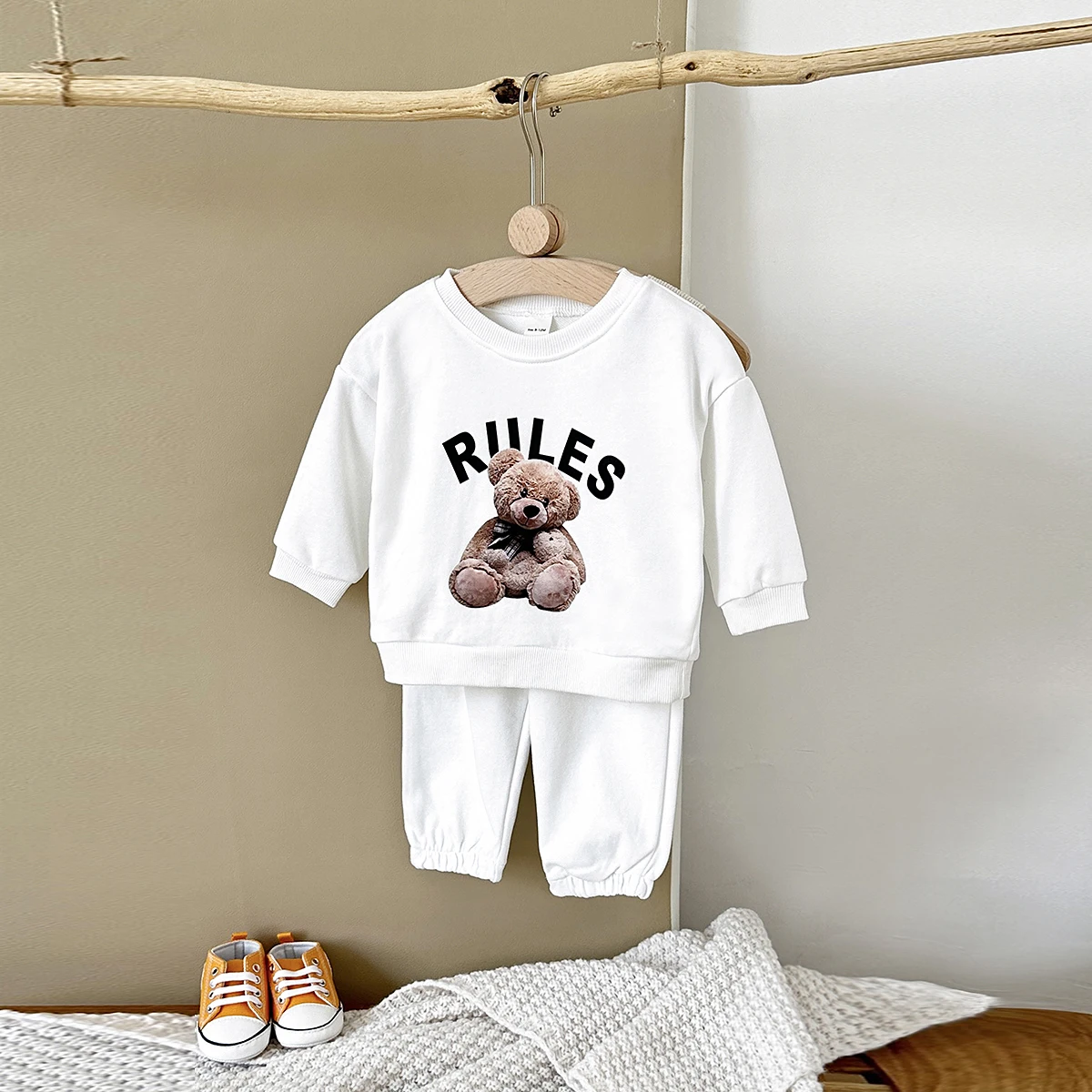 Unisex Baby 2Pcs Outfit Set RULES Letter Bear Print Crew Neck Sweatshirt Jogger Pants Toddler Boys Girls Spring CasualTracksuit