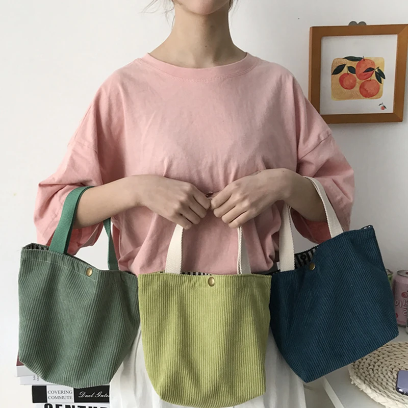 Borsa per il pranzo in tela di velluto a coste Lunch Box coulisse Picnic Tote Eco Cotton Cloth piccola borsa contenitore per la cena sacchetti per