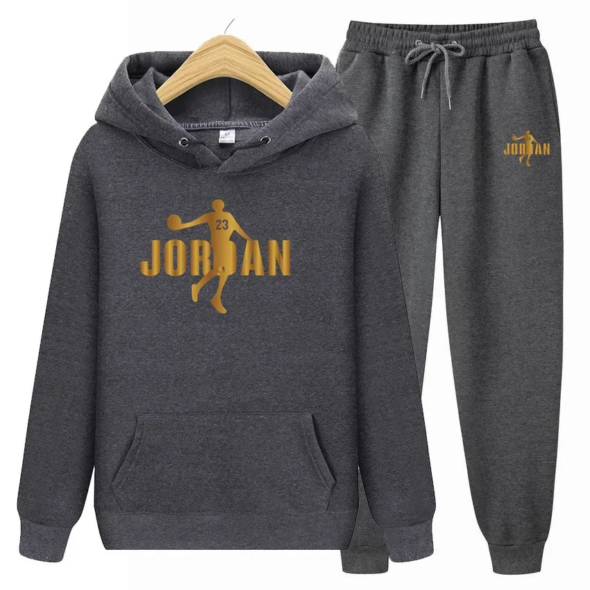 Ensemble sweat-shirt à capuche pour hommes, sports d'automne et d'hiver, adapté aux hommes et aux femmes, vêtements de sport décontractés en laine pour l'extérieur, 2 pièces