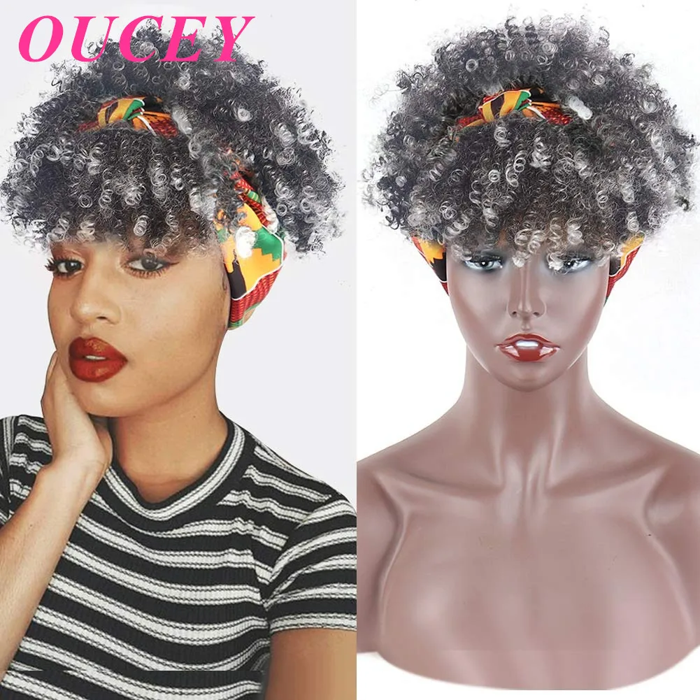 Pelucas de cabello sintético de alta calidad para mujeres negras, envoltura de turbante, diadema femenina, peluca rizada Afro Kink con flequillo