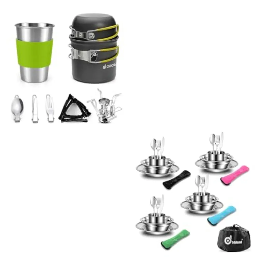 

Bundle 2 Items Camping Cookware Stove Carabiner Canister Stand Tripod and 29pcs Stainless Steel Utensils Camping Tableware Kit