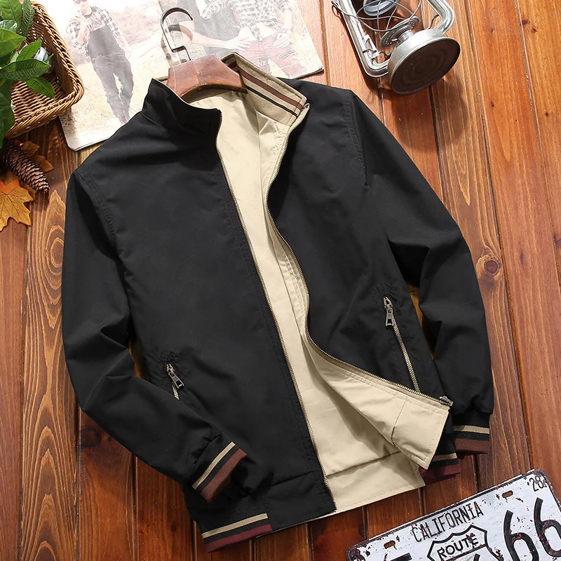 Quality Double Side Bomber Solid Casual Jacket Men Outwear Windbreaker Sportswear Stand Collar Baseball Slim Coat 5XL