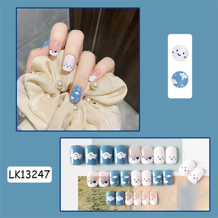 

24Pcs/Set Shy Clouds Fresh Sweet Wearing False Nails Full Coverage Removable Press on Nail Cartoon Paste Acrylic Fake Nails Tips