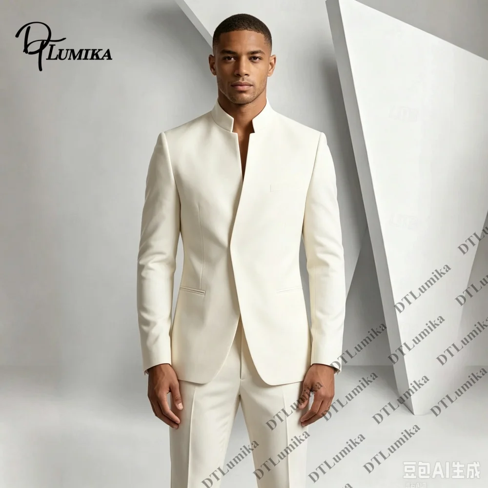Mandarin Collar Men Suit 2 Pieces Slim Fit Formal Outfit for Wedding Groom Bespoke Business Evening Party Blazer & Trousers