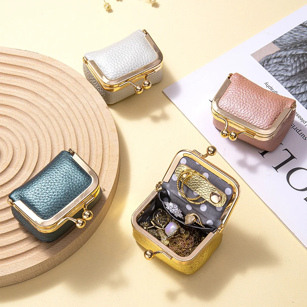 Fashionable Mini Leather Jewelry Bag for Women - Pearl Glazed Cowhide Ring Necklace Earring Box Diamond Ring Storage Pouch