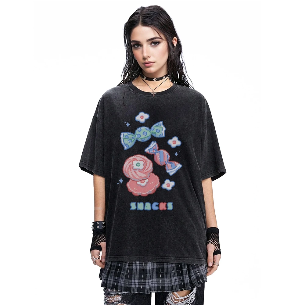 

Graphic T-Shirt Snack Candy Tee 100% Cotton, High - Quality Oversize Washed T-Shirt Colorful Snacks Snacks Text, Cute Y2K Vibe