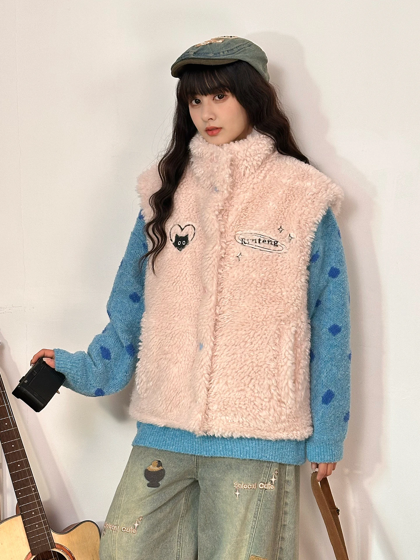 

Оригинальный американский ретро-жилет с воротником-стойкой из овечьей шерсти, женская короткая хлопковая куртка, верхняя одежда для многослойных образов, универсальная, осень-зима