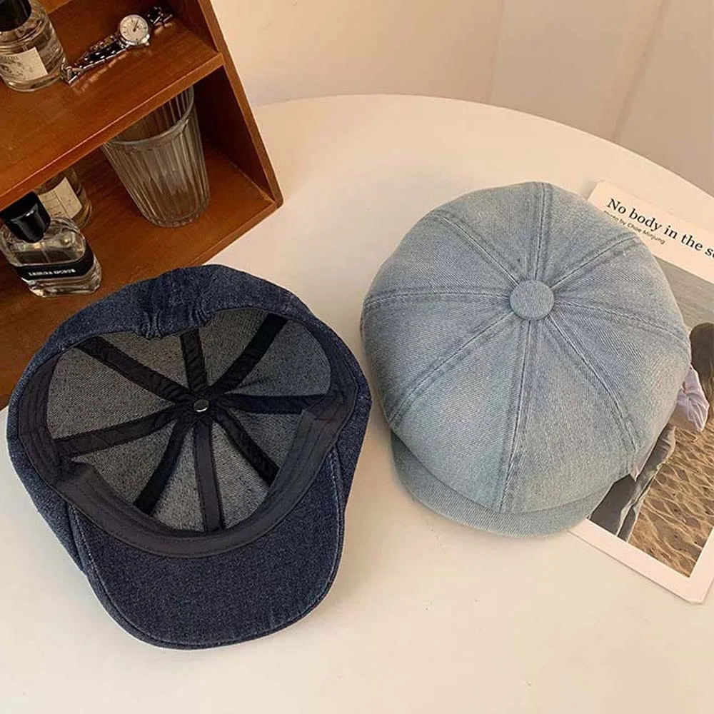 Forward Hat Cotton Denim Berets Cap Japanese Style Street Style Women Artist Hat Blue Big Head Circumference Newsboy Cap Girls