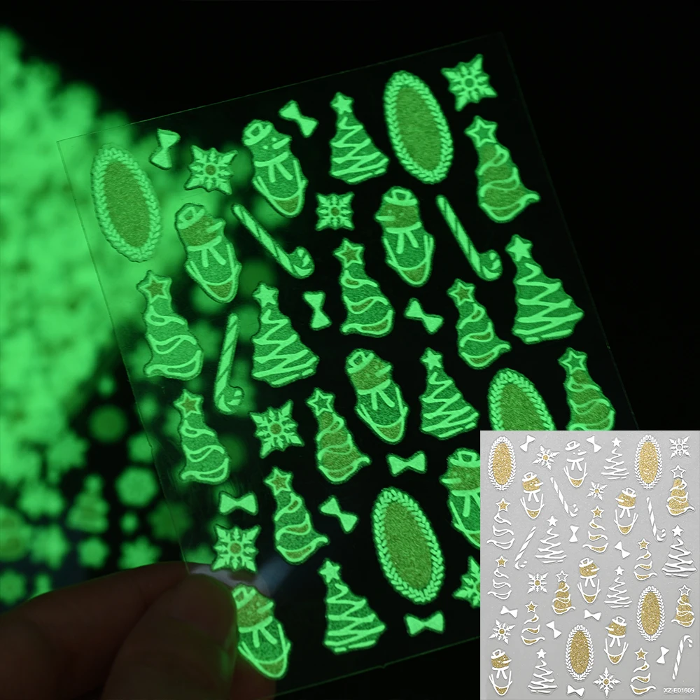 12Pcs/Set 3D Luminous Christmas Snowflakes Nail Stickers Snowman Elk Xmas Tree Bow Bell Nail Decals Winter Nail Art Decorations