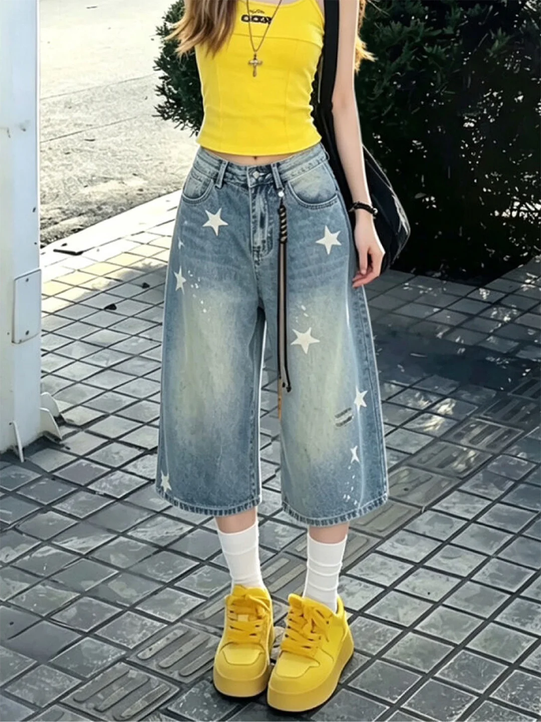 

Summer 2026 High Waist Loose Fit Star Print Wide Leg Thin Denim Jeans Women's High Waist Straight Leg Jeans Skin-friendly Bre...