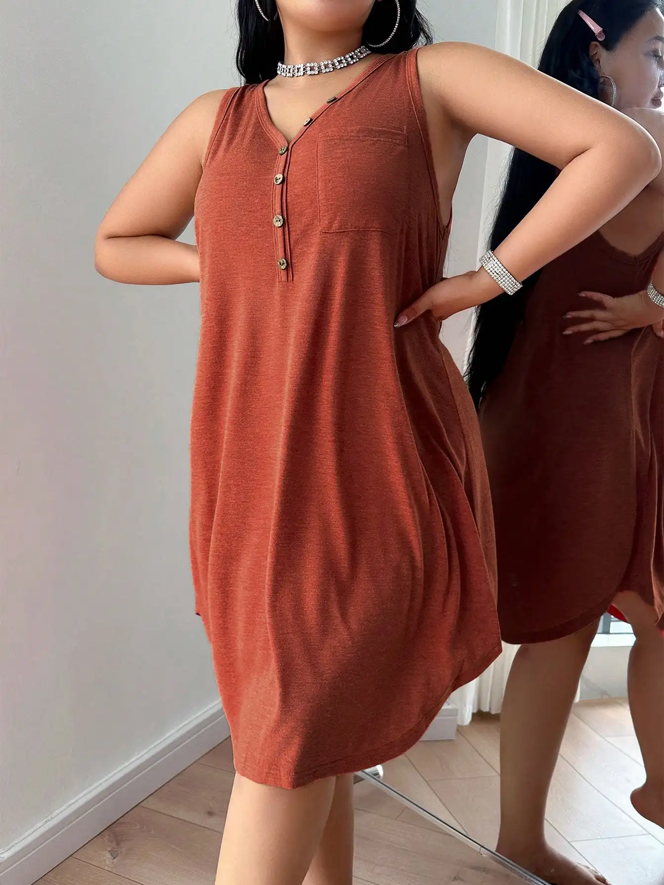 

Rust Orange V-Neck Sleeveless Button-Front Lounge Dress for Women