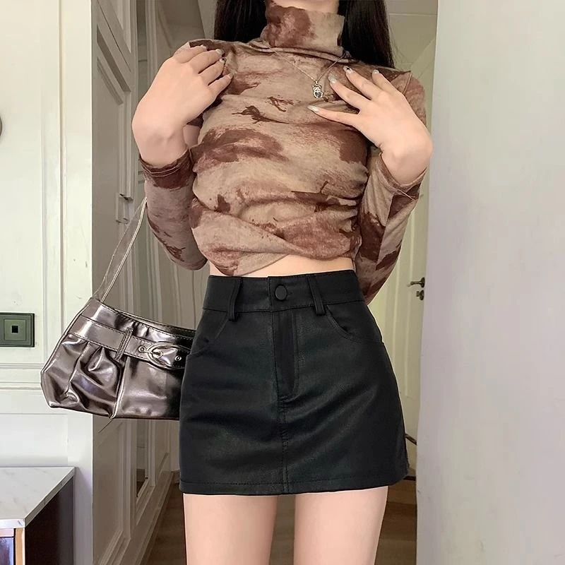 التنانير النسائية الجلدية موضة ألف خط الإمبراطورية الشعبية الكورية ربيع الخريف شيك بسيط كلوبوير Mujer الصلبة كل مباراة المؤنث عادية #4
