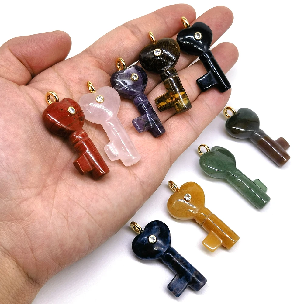 Love Heart Key Chain Pendants with Tiny Zircon Natural Stone Crystal Beads Amethyst Tiger Eye Charms Fit Jewelry for Necklace