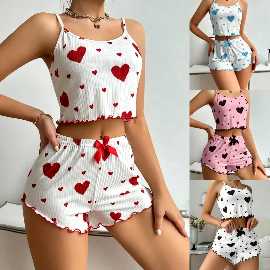 Pyjama imprimé cœur pour femmes, 2 pièces/ensemble, haut court sans manches et short, vêtements de nuit doux et confortables pour l'été