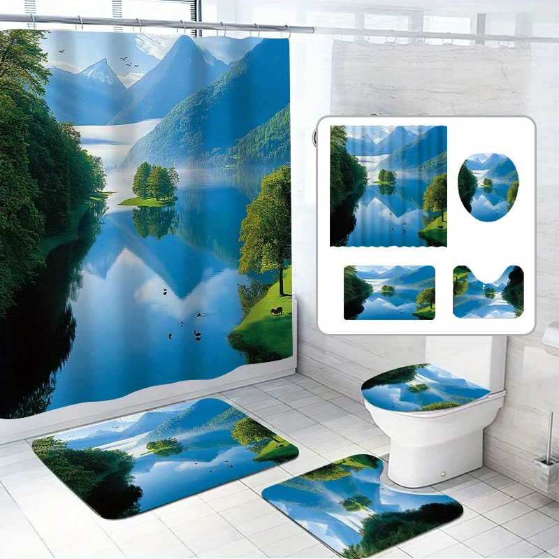

4pcs, Beautiful Valley Shower Curtain Set, Green Valley, River Reflecting Sky Clouds, with 12 Hooks, Polyester Fabric