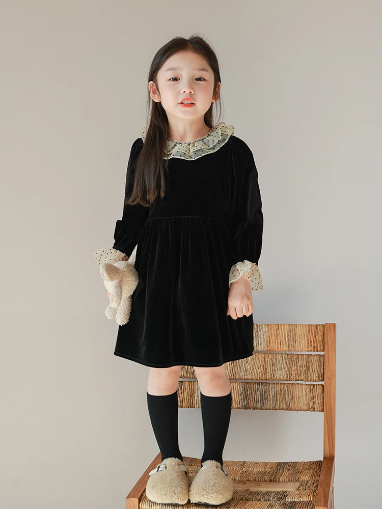 

2024 Polka Dot Collar Girls Dress Children Black Dresses Autumn Winter New Baby Girl Elegant Vestidos Boutique Clothing for Kids