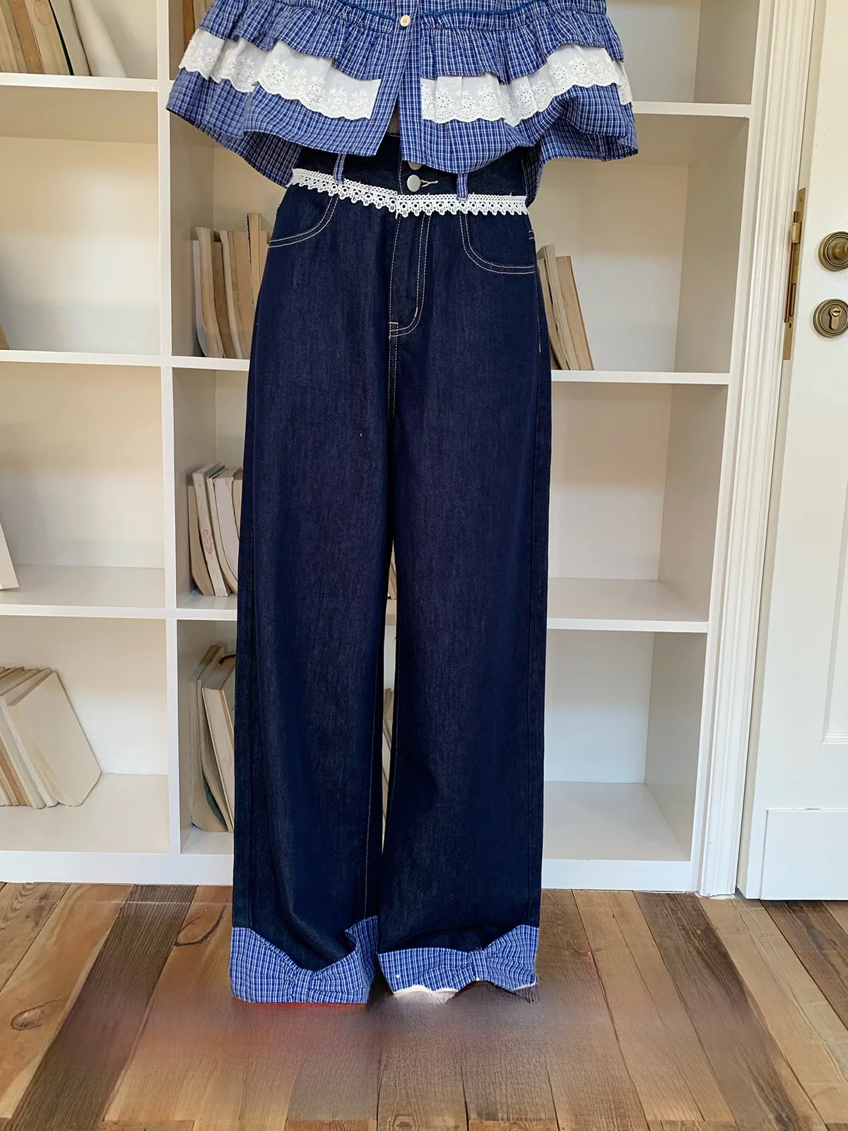 

Женские повседневные джинсы прямого кроя с кружевными вставками, синие, свободного кроя, осенние, с высокой талией, из хлопкового денима, с узором