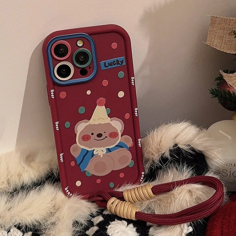 Cute Colorful Polka Dot Cartoon Bear Phone Case for iPhone 17 16 15 14 13 12 11 Pro Max XS XR X Plus With Strap Shockproof Cover