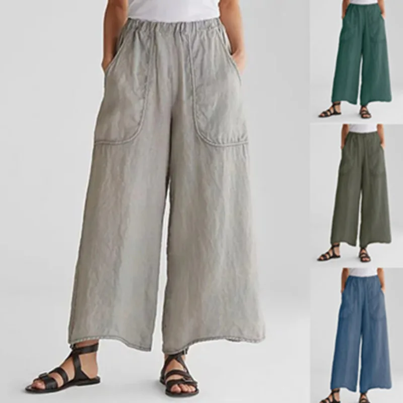 Celana Kaki Lebar Linen Katun Wanita Ukuran Besar Musim Panas Celana Panjang Fashion Palazzo Retro Celana Pantalon Solid Pinggang Elastis Kasual 5XL