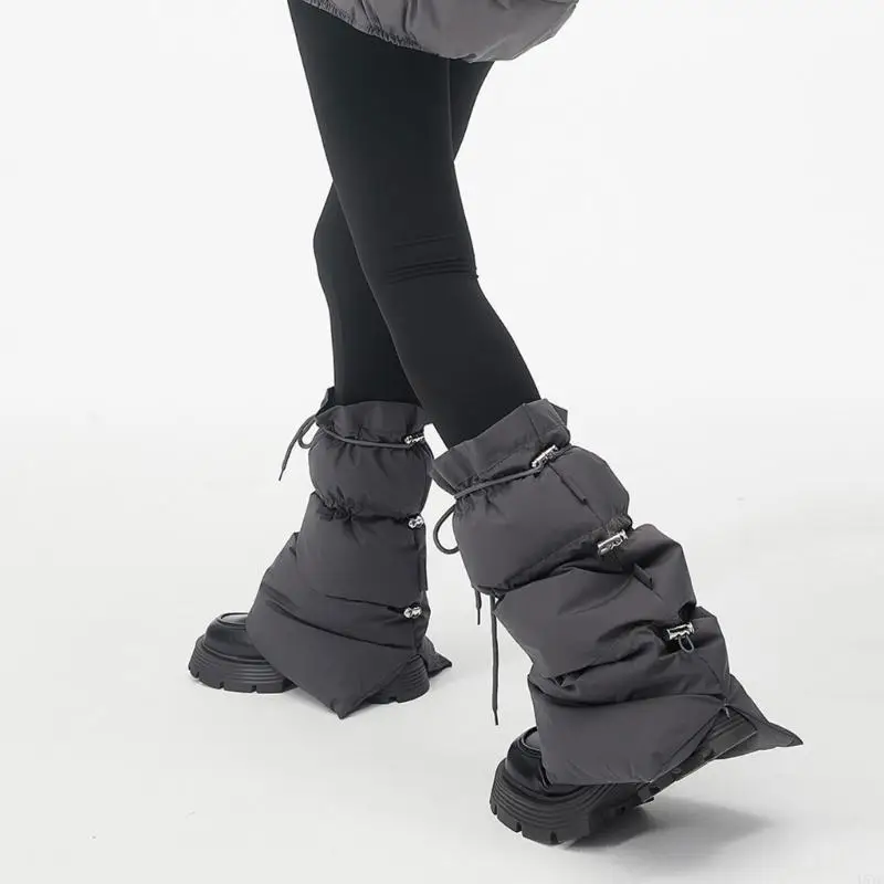 L5YC Winter Warm Puffer Leg Warmers with Drawstring Adjustment Baggy Loose Boot Covers Fashion Leg Covers Knee Length Socks