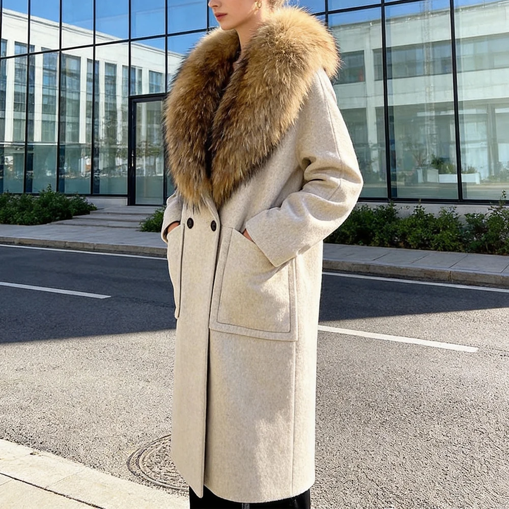 OFTBUY Woolen Jacket Real Fur Coat Women's New Coats and Jackets Outerwear Long Fur Coat Top Clothes Coat Female Oversize Women