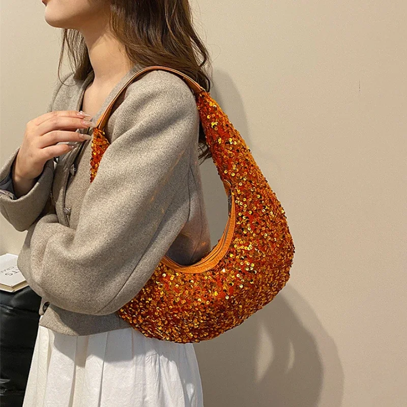 Designer Sequined Shoulder Bags for Women Glitter Evening Bag Female Underarm Dumpling Bag Korea Fashion Cloud Bag Lady Handbags