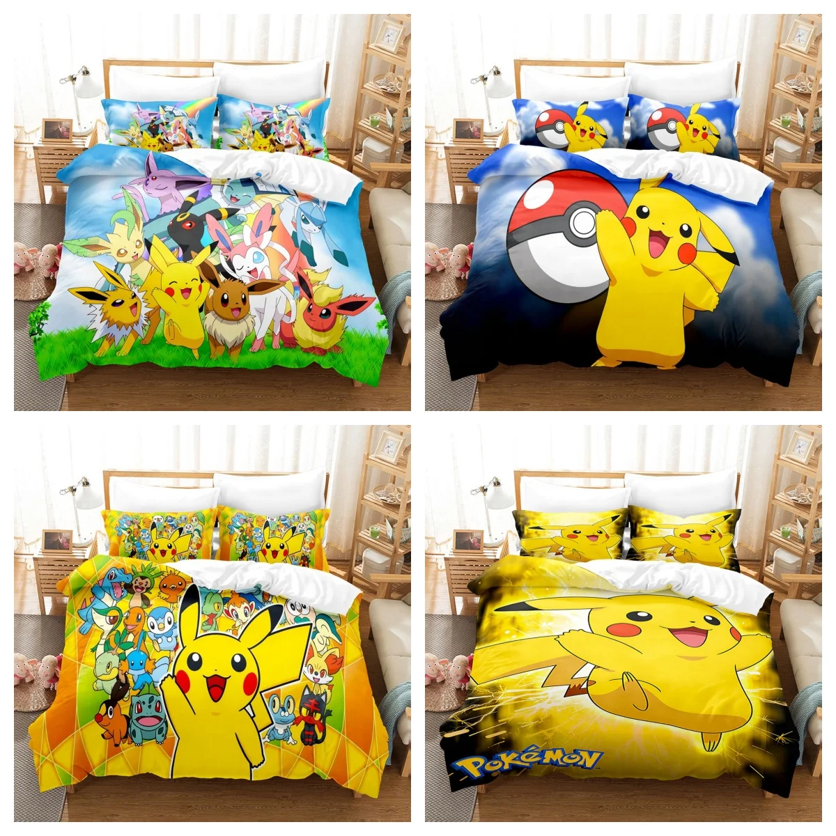 Kawaii Pokemoned Cartoon Anime Bedding Set Pikachu Gengar Eevee Charizard Quilt Duvet Cover Pillowcase Kid Bed Set Twin Size