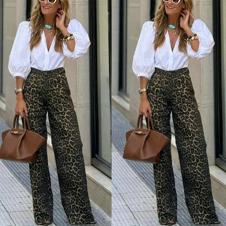 

Spring Summer Fashion Women's 2-piece White V-neck Shirt Puff-sleeved High-waist Leopard Print Wide-leg Pants Sets for Female